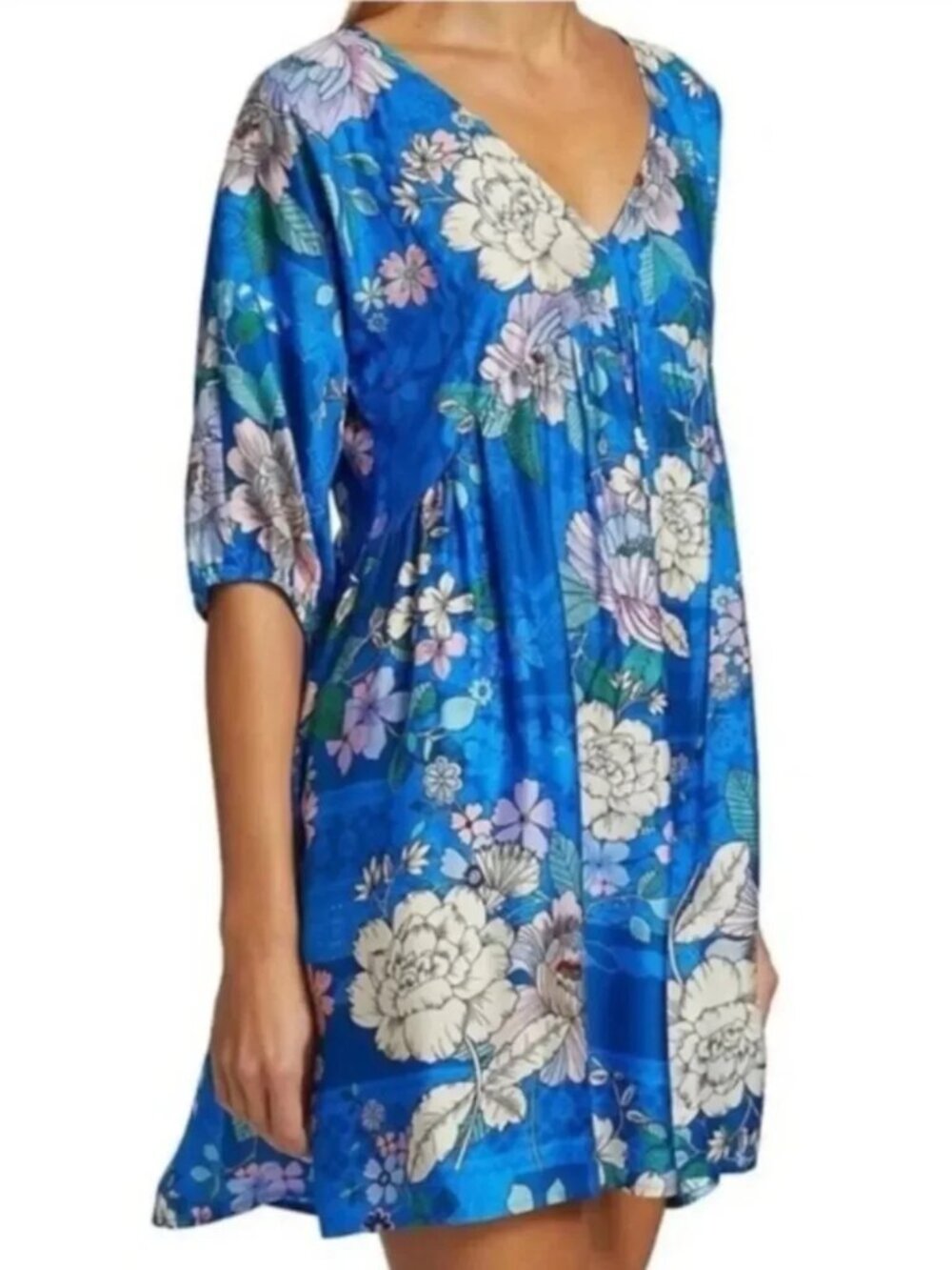 JOHNNY WAS Vivid Blue Floral V-Neck Mini Dress/Cover Up Size M